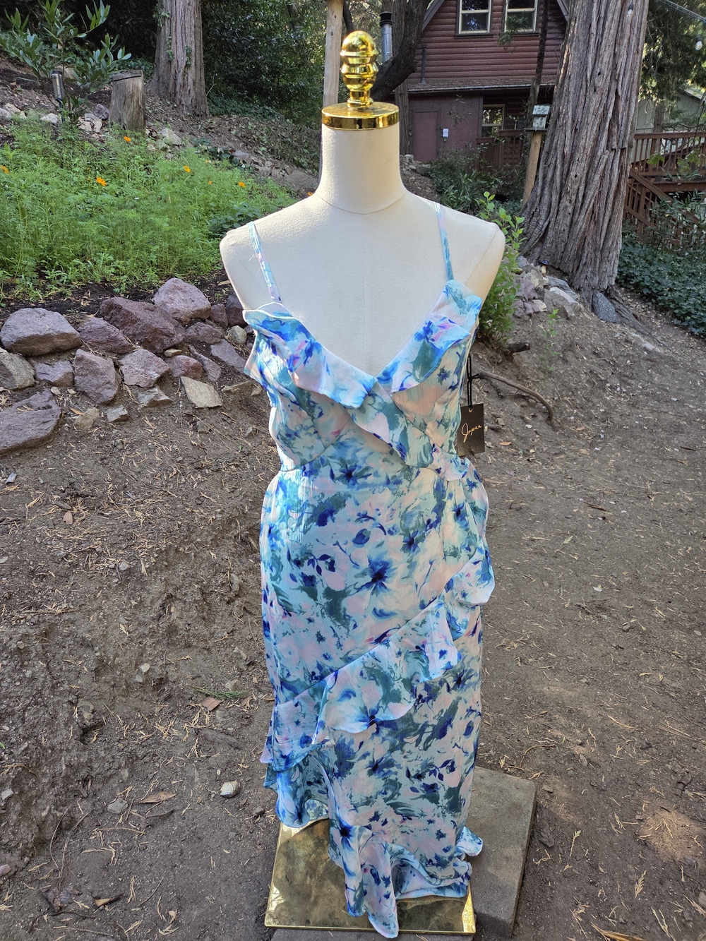 Japna NWT Blue And White Floral Ruffle Slip Dress Size Medium